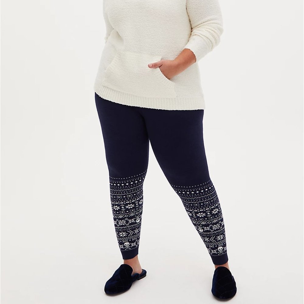 Torrid- 1X Leggings Sweater Knit Navy Blue Skulls Fair Isle Stretch Pants Plus - Picture 5 of 5